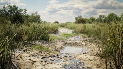 A serene marshy section of the Dakar Rally track features muddy ground and tall grasses under a clear sky, showcasing nature&rsquo;s beauty and challenges.