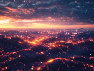 Fototapeta premium In the twilight with glowing holographic stars and sunset data, serene landscape, soft ambient lighting, photorealistic