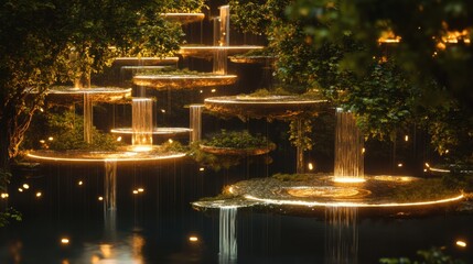 Illuminated Circular Platforms with Waterfalls in a Pool