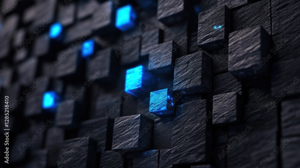 Wall mural abstract close-up of illuminated blue cubes on a textured dark surface, creating a futuristic atmosp