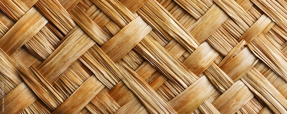 Poster woven dried palm leaves create a textured diagonal pattern