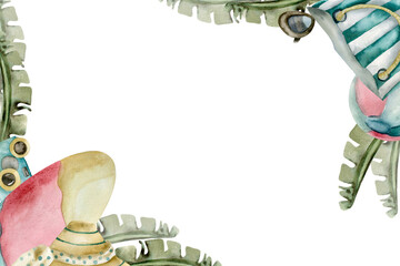 Tropical Californian summer banner with pink retro surf,sun hat, sunglasses, striped beach bag and palm leaves watercolor illustration.Tropical vacation, frame for poster, card, invitation design