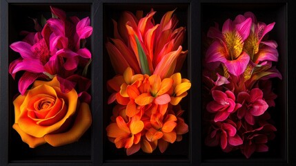 Vibrant floral arrangement featuring roses and exotic blooms in a stylish black display