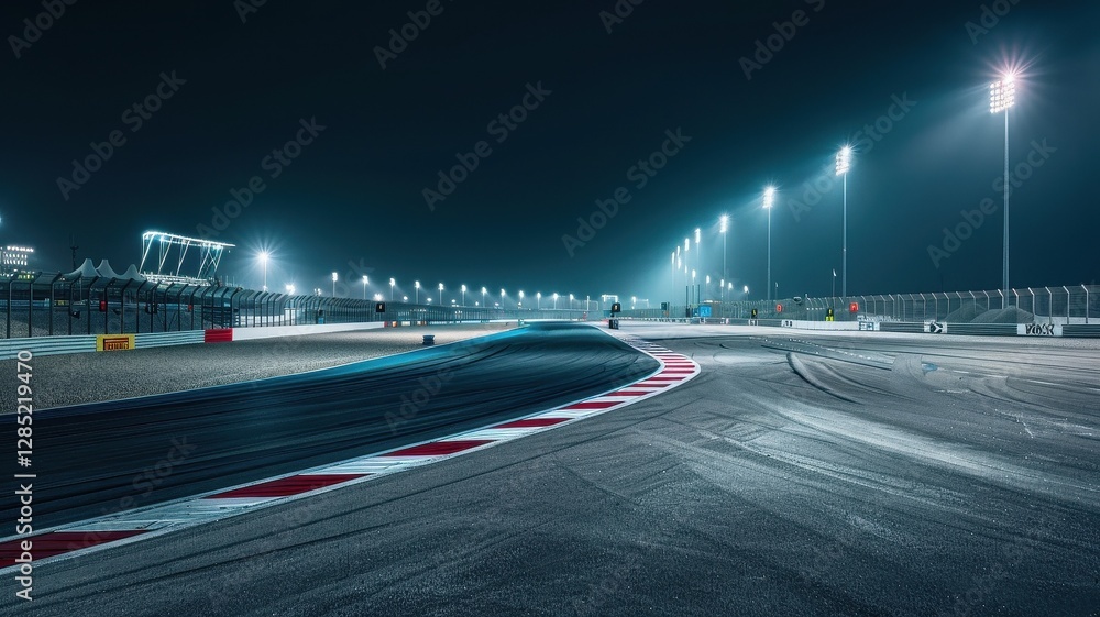 Wall mural a serene view of a formula 1 track under bright floodlights at night. the empty circuit showcases sl