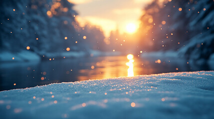 A serene winter scene with a river reflecting the soft sunset glow, snow-covered banks, and a calm atmosphere, symbolizing peace, solitude, and the beauty of nature’s quiet moments
