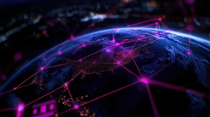 Stunning aerial view of Earth at night showcasing vibrant city lights and digital connections