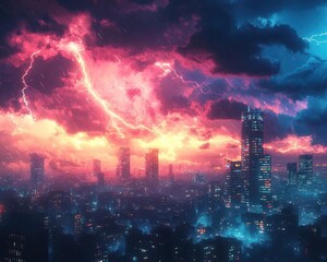 Fototapeta premium Lightning striking a cityscape with glowing AR storm data, dynamic night sky, vibrant colors, photorealistic