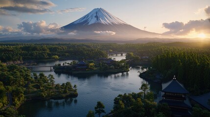 Obraz premium Serene landscape featuring Mount Fuji at sunset with lush greenery and tranquil waters