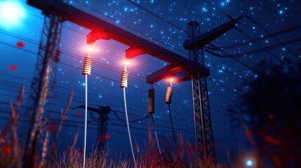 Obraz premium Nighttime view of electric power lines glowing under a starry sky with vibrant grass