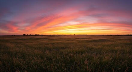 Vibrant sunset over a vast field of golden grass capturing the serene beauty
