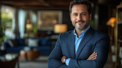 Confident Man in Blue Suit Poses Indoors
