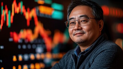 Confident Businessman Analyzing Financial Data with Digital Graphs in Background