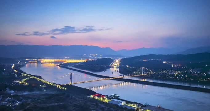 aerial time lapse video of the three gorges hydropower project in nightfall, China