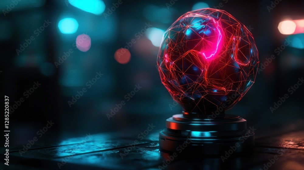 Poster a glowing red and blue orb with a network design on a metallic base in a dimly lit futuristic settin