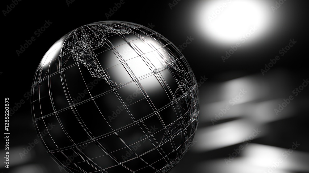 Wall mural 3d wireframe globe on a dark background with soft light reflections and depth effects
