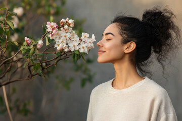 Naklejka premium A woman is standing in front of a tree with pink flowers