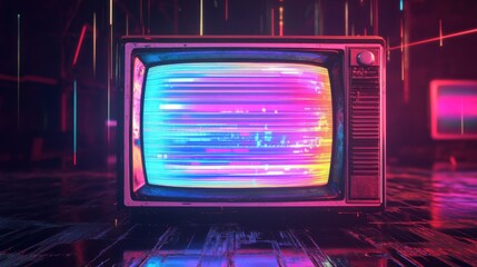 Obraz premium Vintage Television with Distorted Screen in Neon Lit Room