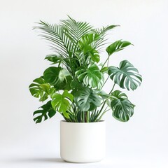 Lush houseplant in modern planter against white background