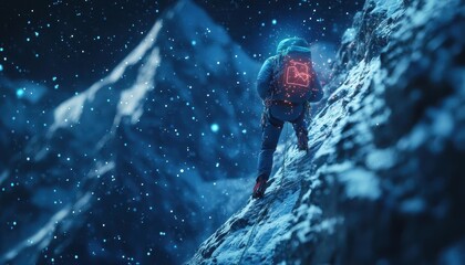 Obraz premium Mountain climber scaling a peak with glowing AR altitude and fitness data, dynamic natural setting, vibrant lighting, photorealistic