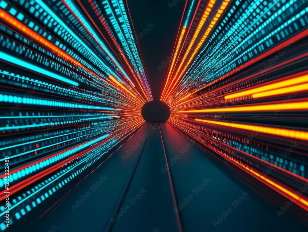Poster dynamic abstract visualization of light trails in vibrant colors representing speed.