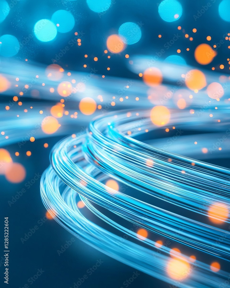 Aufkleber abstract background featuring flowing lines and glowing particles in blue and orange.