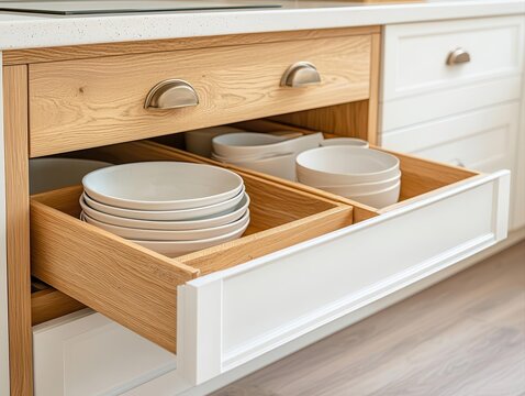 home organization with space-saving efficiency. Sliding cabinet organizers improving accessibility in deep kitchen and bathroom cabinets