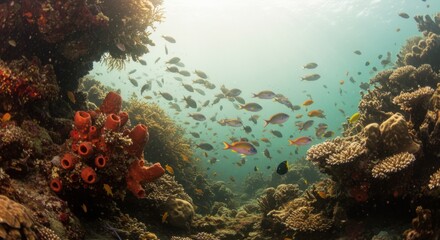 Naklejka premium Vibrant Coral Reef Ecosystem teeming with Fish and Diverse Marine Life