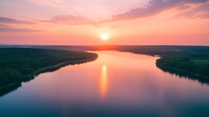 Fototapeta premium Serene Sunset Over Tranquil Lake Reflects Golden Hour Hues in Nature's Embrace.