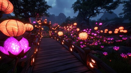 Obraz premium Serene twilight scene featuring a wooden bridge surrounded by glowing lanterns and vibrant flowers