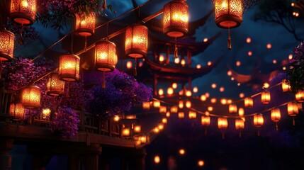 Fototapeta premium Serene nighttime scene featuring glowing lanterns strung across a vibrant garden pathway
