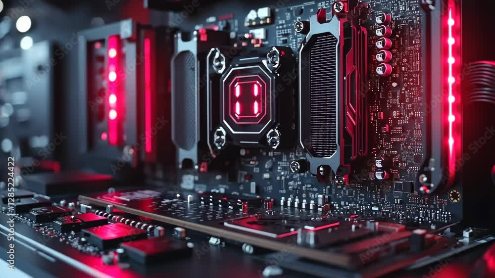 Poster high-tech computer motherboard showcasing advanced circuitry and vibrant red led lighting effects in