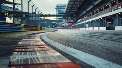 Fototapeta premium An empty racing track curves gently towards the main straight, showcasing its sleek design and urban landscape. Ideal for themes of speed and competition.