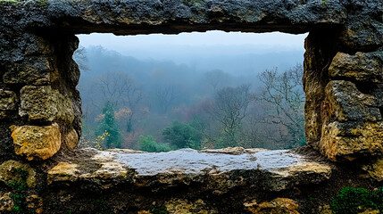 Stone wall window foggy forest view