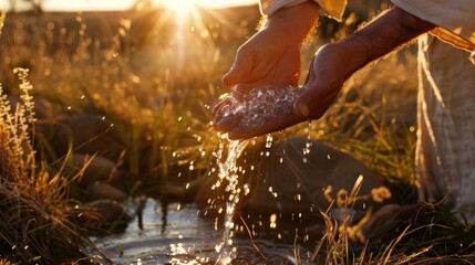 Fototapeta premium Jesus, hands in water, pouring out the stream of pure living waters to show that he is the source and life for all people