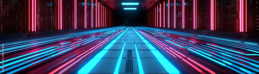 Poster futuristic corridor with vibrant neon lights creating a dynamic environment.