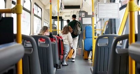 Travel, transport and people exit bus for ride destination, passenger leaving and end of trip....
