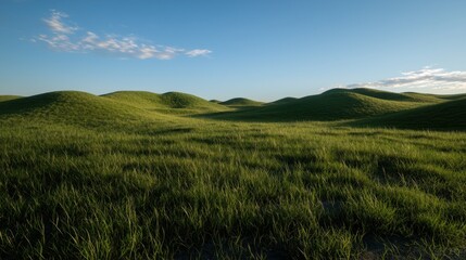 Obraz premium Lush green hills under a clear blue sky with soft clouds, creating a serene landscape scene