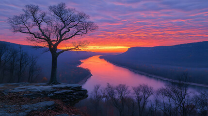 Obraz premium Sunrise over river valley from clifftop