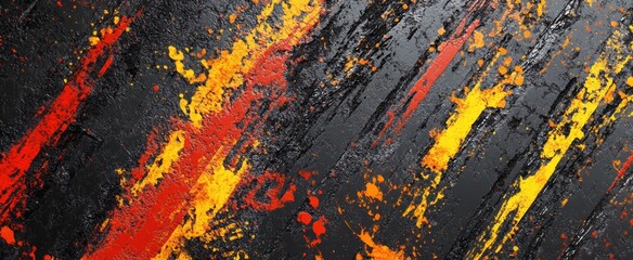 Vibrant Abstract Texture with Bold Red, Yellow, and Black Splashes on Grungy Surface for Creative Designs