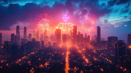 Obraz premium A dazzling fireworks celebration illuminates the night sky over a vibrant city skyline.