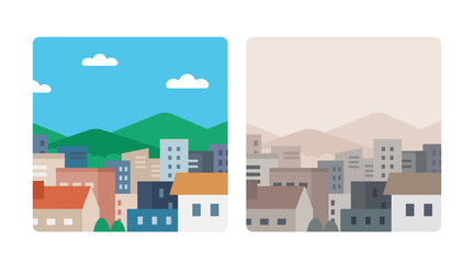 The difference in the city view between a clear day and a fine dust day. Air pollution issues illustration. Flat vector graphics.