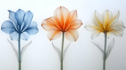 Fototapeta premium Three translucent flowers in pastel colors against a bright background