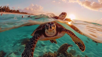 Obraz premium Majestic Group of Sea Turtles Gliding Through Clear Ocean Waters