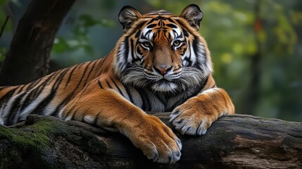 Obraz premium Majestic tiger resting on a log in a serene forest habitat