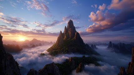 Majestic mountain peak surrounded by clouds at sunset, evoking tranquility and adventure