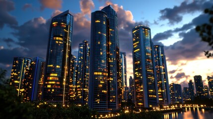 Obraz premium Stunning skyline of modern skyscrapers illuminated at dusk reflecting on a serene waterway