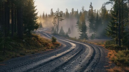 Obraz premium A serene gravel road winds through a misty forest landscape, showcasing the tranquility of nature. The scene is bathed in soft sunlight, creating a peaceful atmosphere.