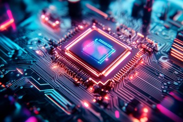 Colorful Electronic Chip on Circuit Board with Bright Neon Lights