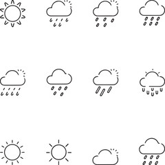 Obraz premium WEATHER - thin line vector icon set. The set contains icons: Sun, Cloud, Summer, Rain, Blizzard, Sunrise. Cloud icon set - vector. cloud symbol in line and glyph style. Vector illustration