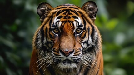 Fototapeta premium Majestic Tiger Staring with Intense Eyes in Lush Green Environment